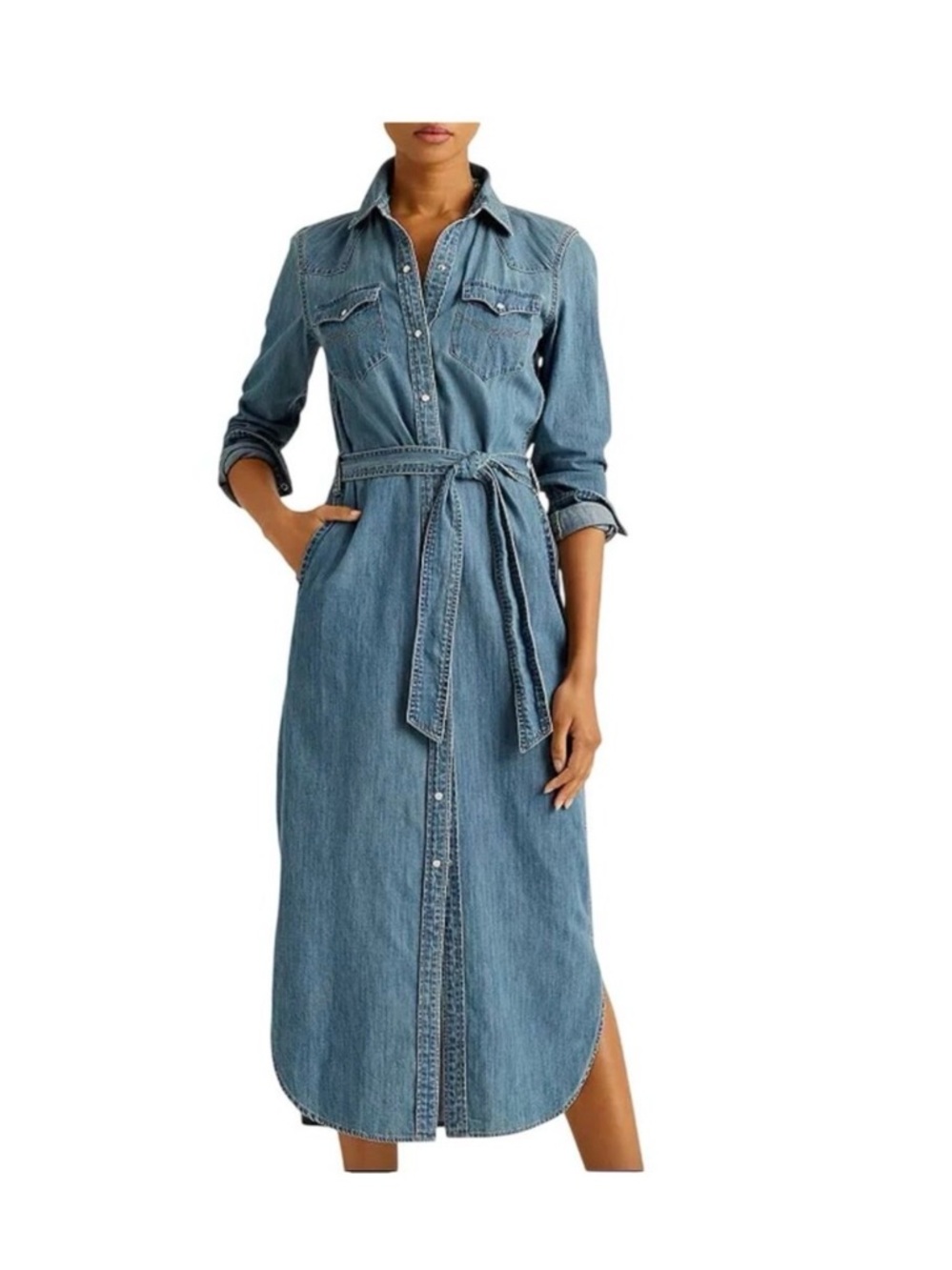 Ralph Lauren black label. Light Blue Denim western Shirt Dress with Waist Tie.